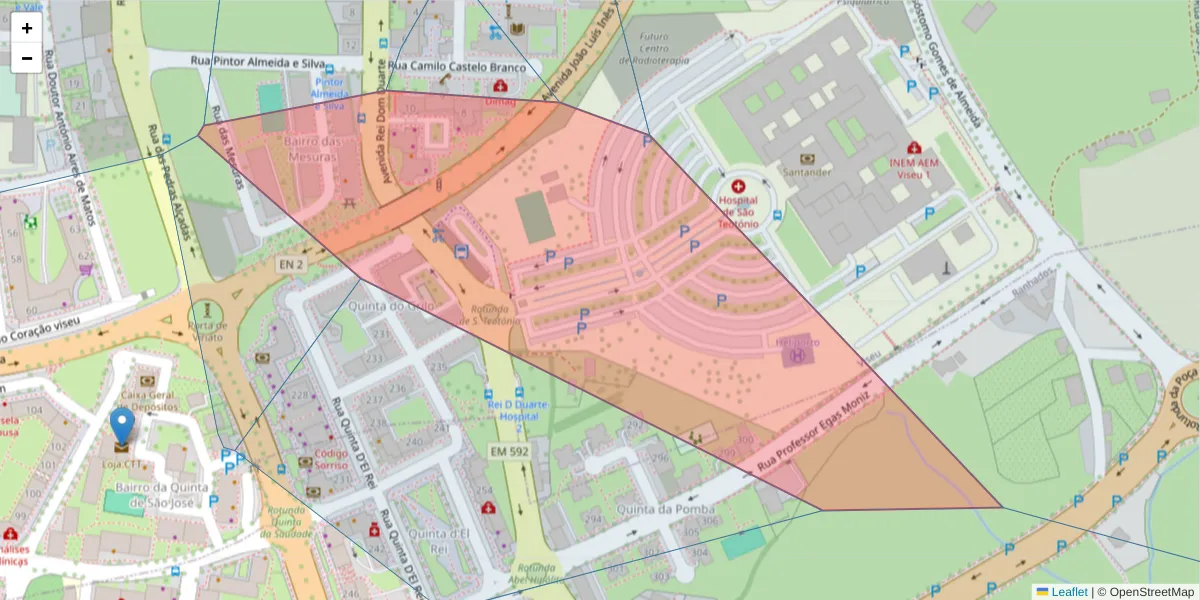 Mapa detalhado do código postal 3500-419 com limites, códigos postais vizinhos e agências dos correios