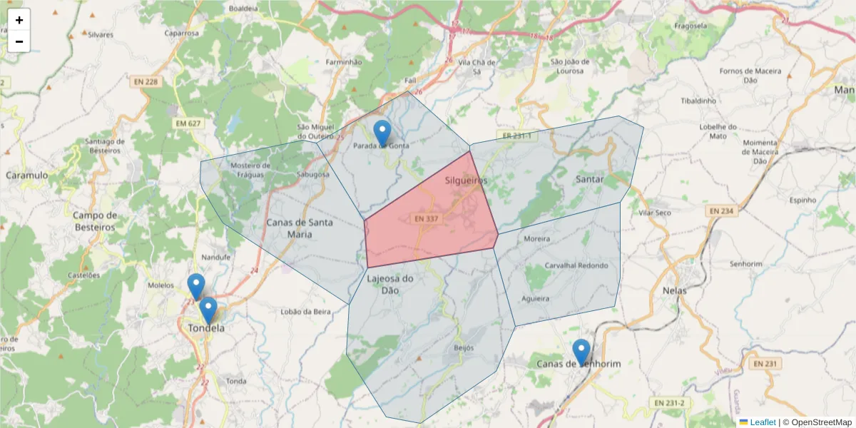 Mapa detalhado do código postal 3500-535 com limites, códigos postais vizinhos e agências dos correios