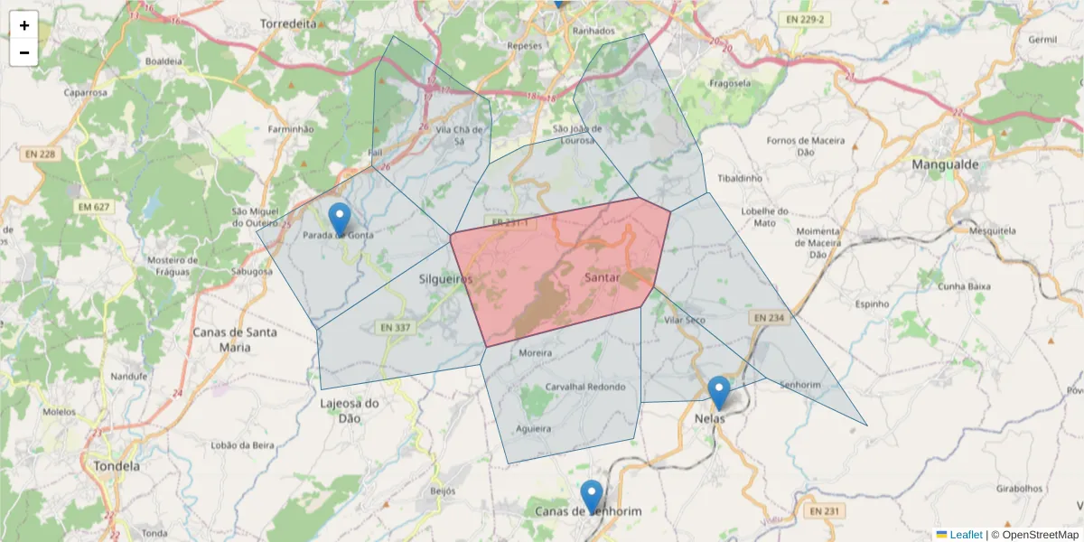 Mapa detalhado do código postal 3500-543 com limites, códigos postais vizinhos e agências dos correios