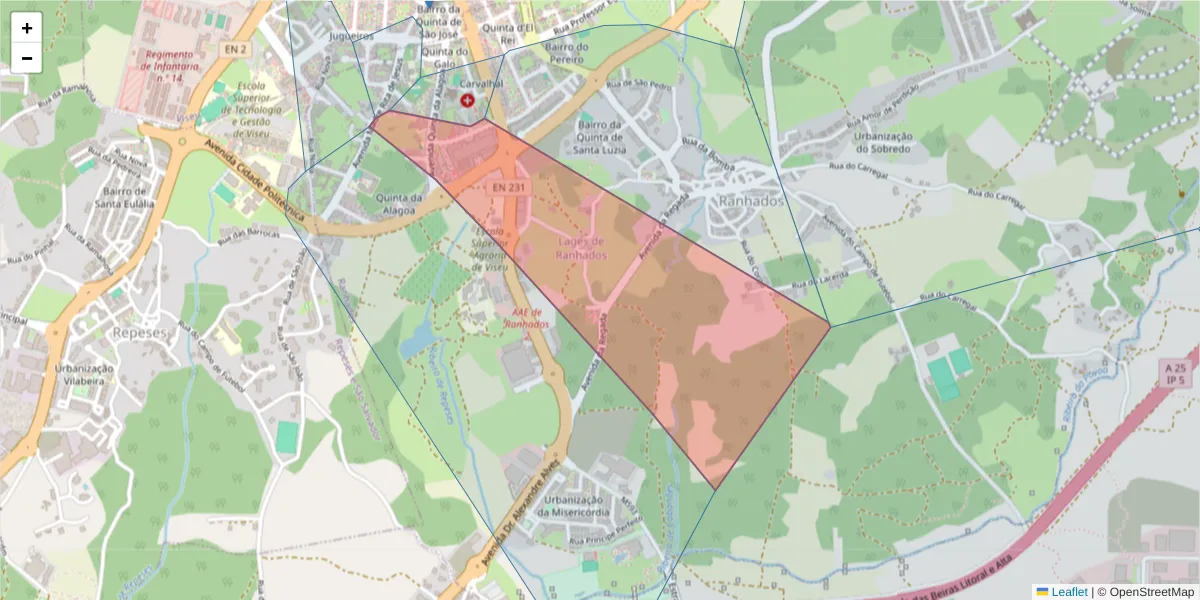 Mapa detalhado do código postal 3500-606 com limites, códigos postais vizinhos e agências dos correios