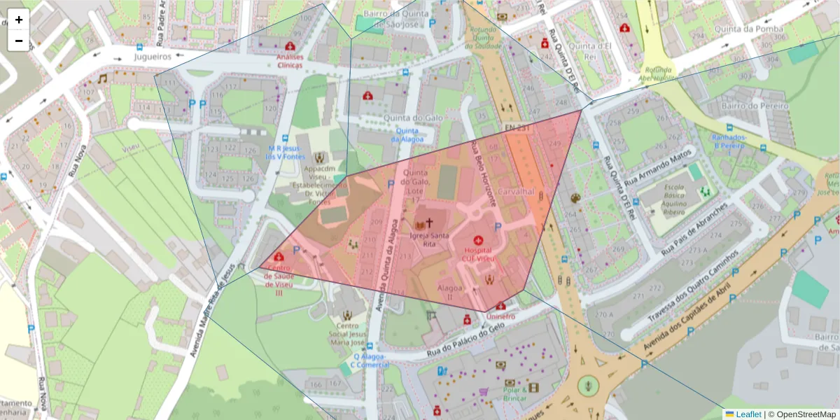 Mapa detalhado do código postal 3500-612 com limites, códigos postais vizinhos e agências dos correios