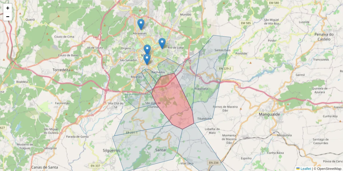 Mapa detalhado do código postal 3500-618 com limites, códigos postais vizinhos e agências dos correios