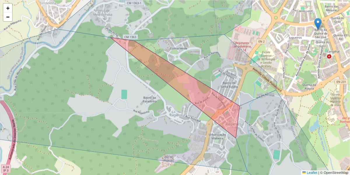 Mapa detalhado do código postal 3500-682 com limites, códigos postais vizinhos e agências dos correios