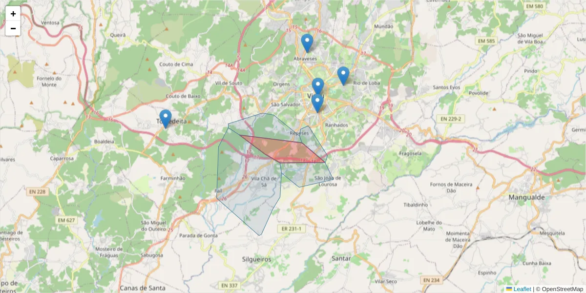 Mapa detalhado do código postal 3500-704 com limites, códigos postais vizinhos e agências dos correios