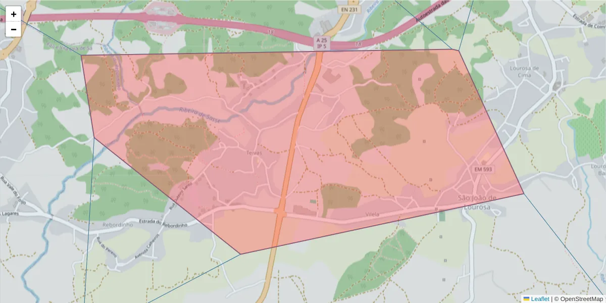 Mapa detalhado do código postal 3500-883 com limites, códigos postais vizinhos e agências dos correios