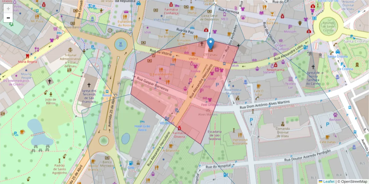 Mapa detalhado do código postal 3500-999 com limites, códigos postais vizinhos e agências dos correios