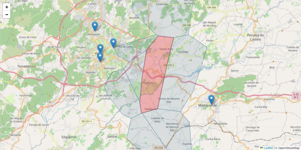 Mapa detalhado do código postal 3505-639 com limites, códigos postais vizinhos e agências dos correios