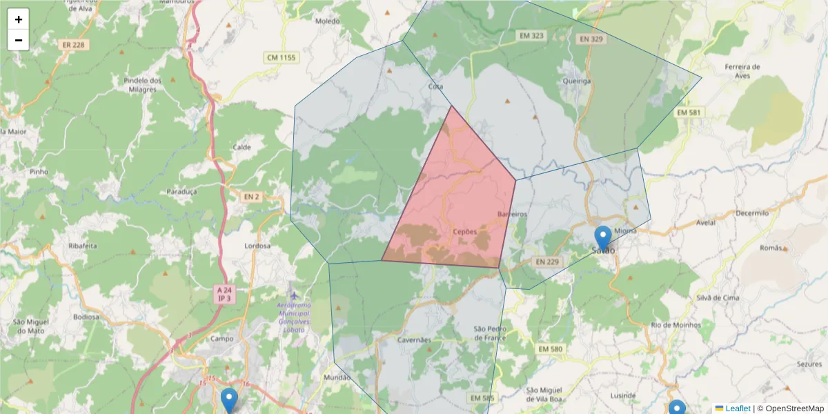Mapa detalhado do código postal 3505-700 com limites, códigos postais vizinhos e agências dos correios