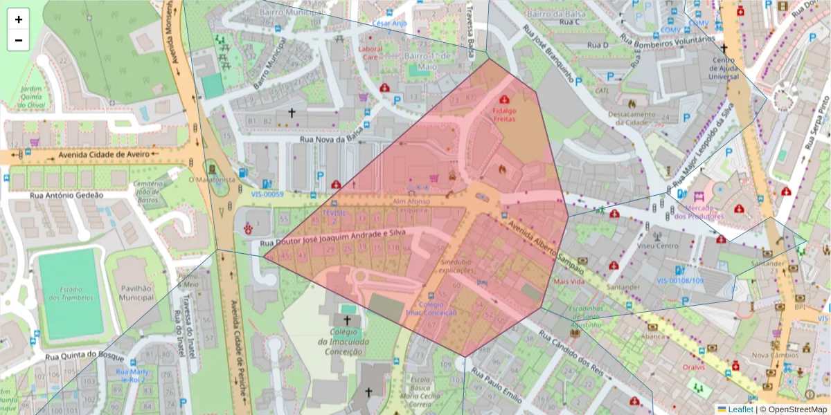 Mapa detalhado do código postal 3510-023 com limites, códigos postais vizinhos e agências dos correios
