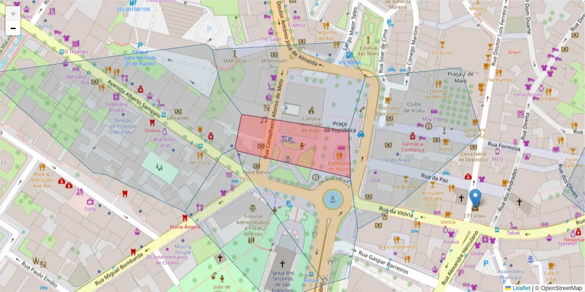 Mapa detalhado do código postal 3510-024 com limites, códigos postais vizinhos e agências dos correios