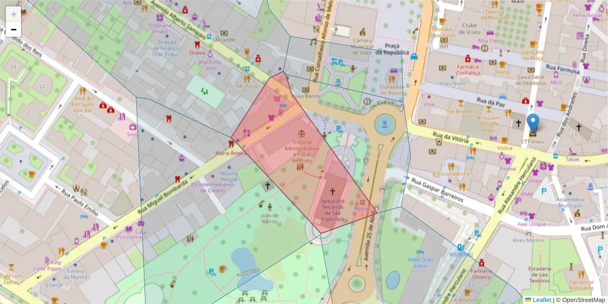 Mapa detalhado do código postal 3510-030 com limites, códigos postais vizinhos e agências dos correios