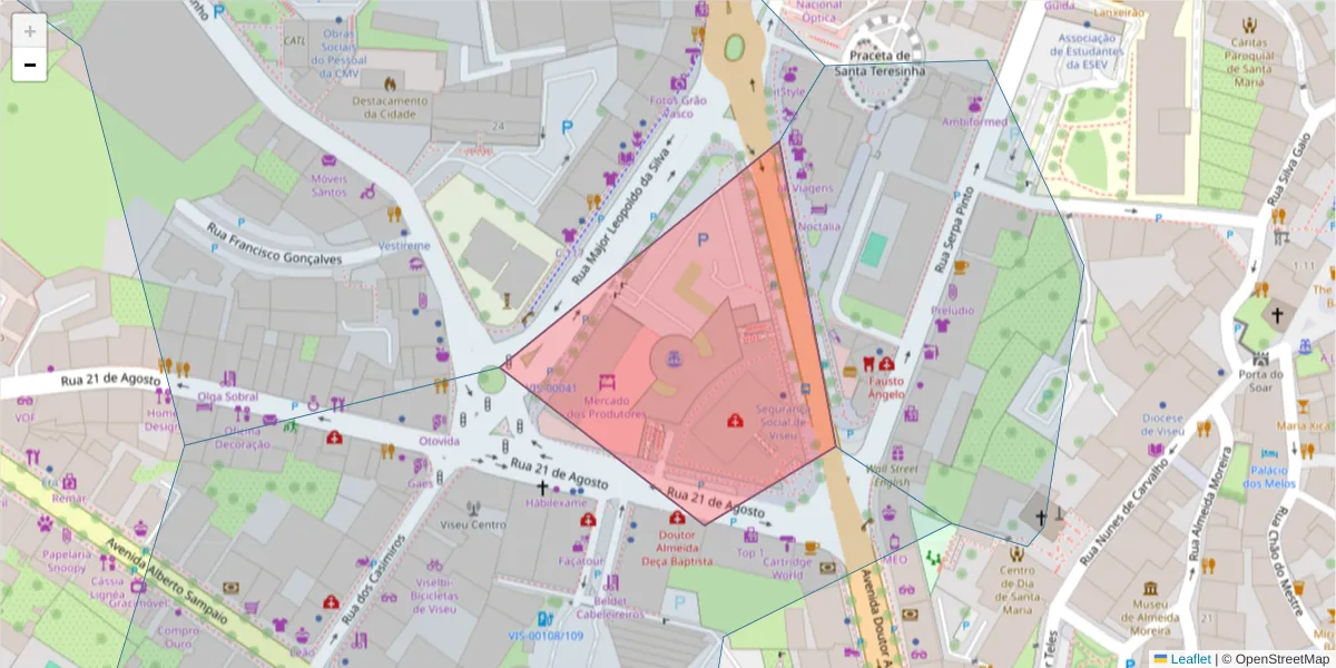 Mapa detalhado do código postal 3510-042 com limites, códigos postais vizinhos e agências dos correios