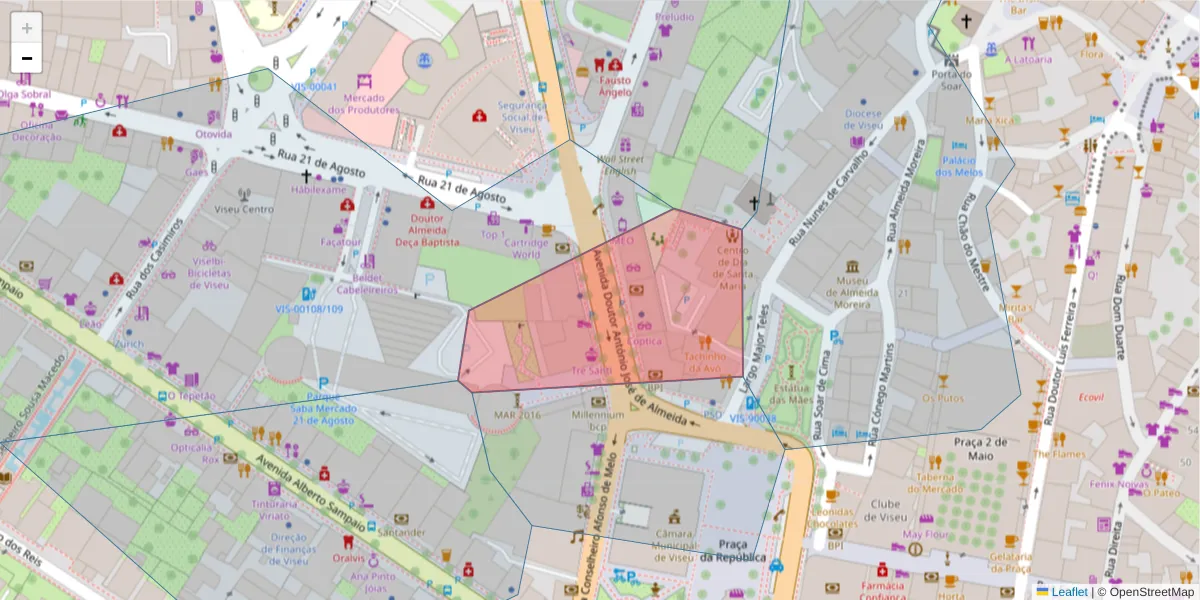 Mapa detalhado do código postal 3510-070 com limites, códigos postais vizinhos e agências dos correios