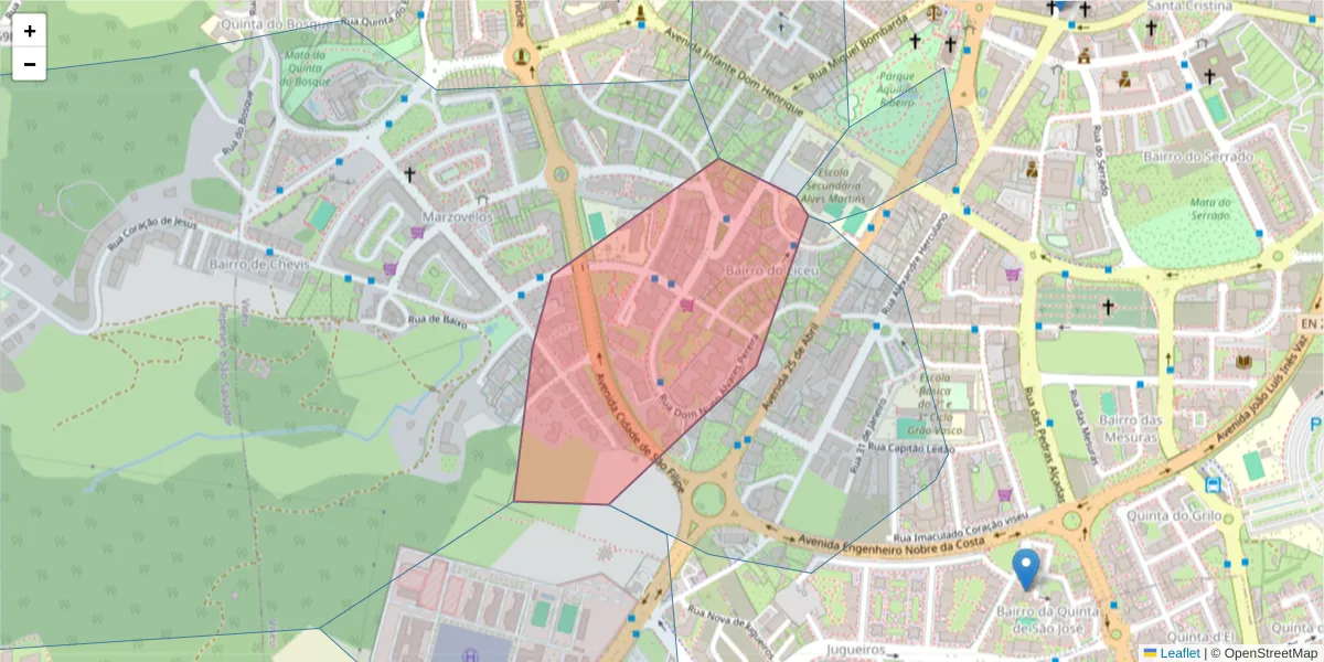 Mapa detalhado do código postal 3510-084 com limites, códigos postais vizinhos e agências dos correios