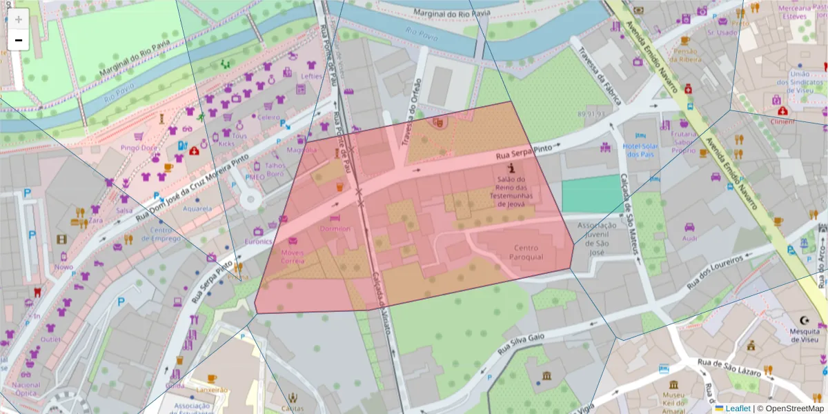 Mapa detalhado do código postal 3510-100 com limites, códigos postais vizinhos e agências dos correios