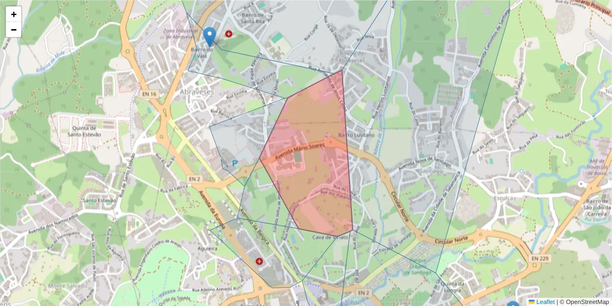 Mapa detalhado do código postal 3510-104 com limites, códigos postais vizinhos e agências dos correios