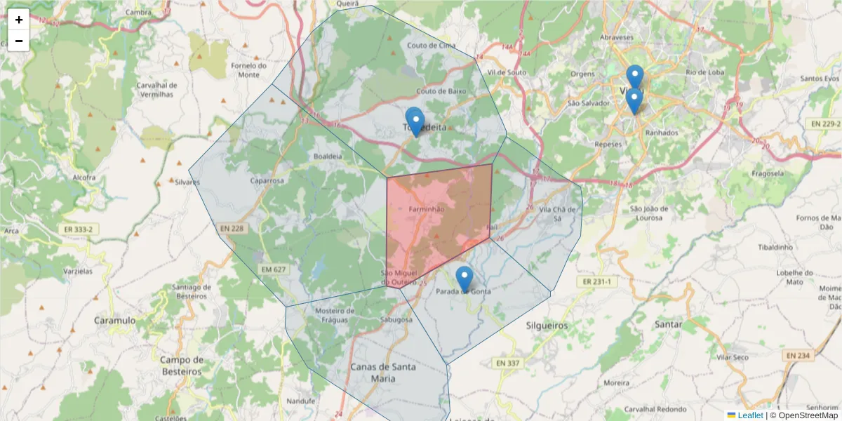 Mapa detalhado do código postal 3510-643 com limites, códigos postais vizinhos e agências dos correios