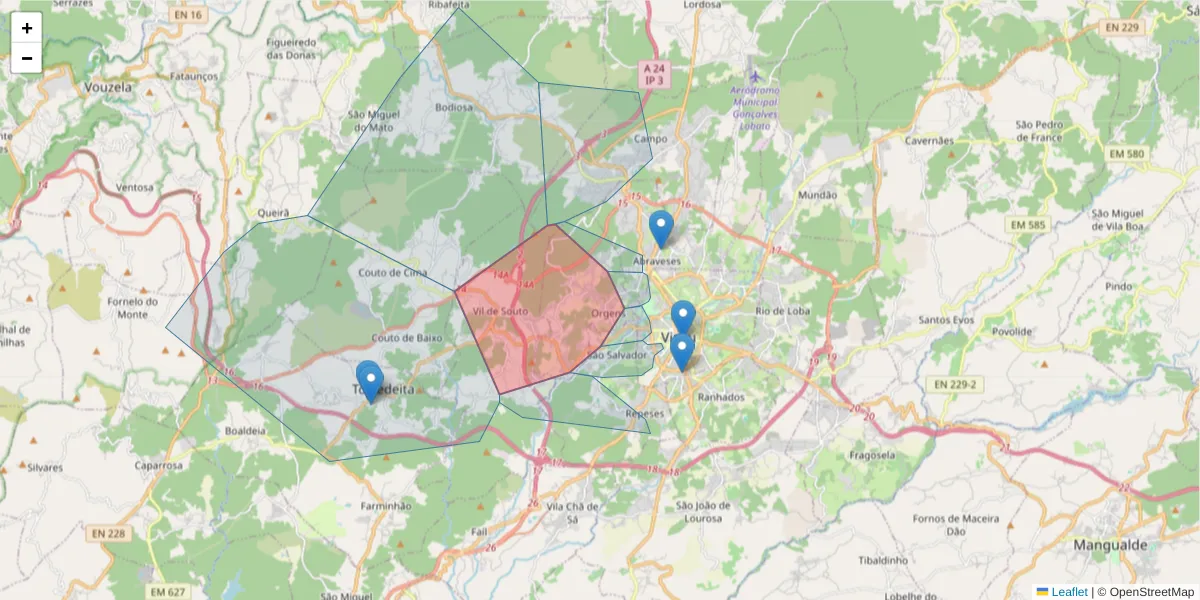 Mapa detalhado do código postal 3510-674 com limites, códigos postais vizinhos e agências dos correios