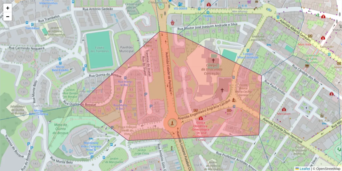 Mapa detalhado do código postal 3510-721 com limites, códigos postais vizinhos e agências dos correios