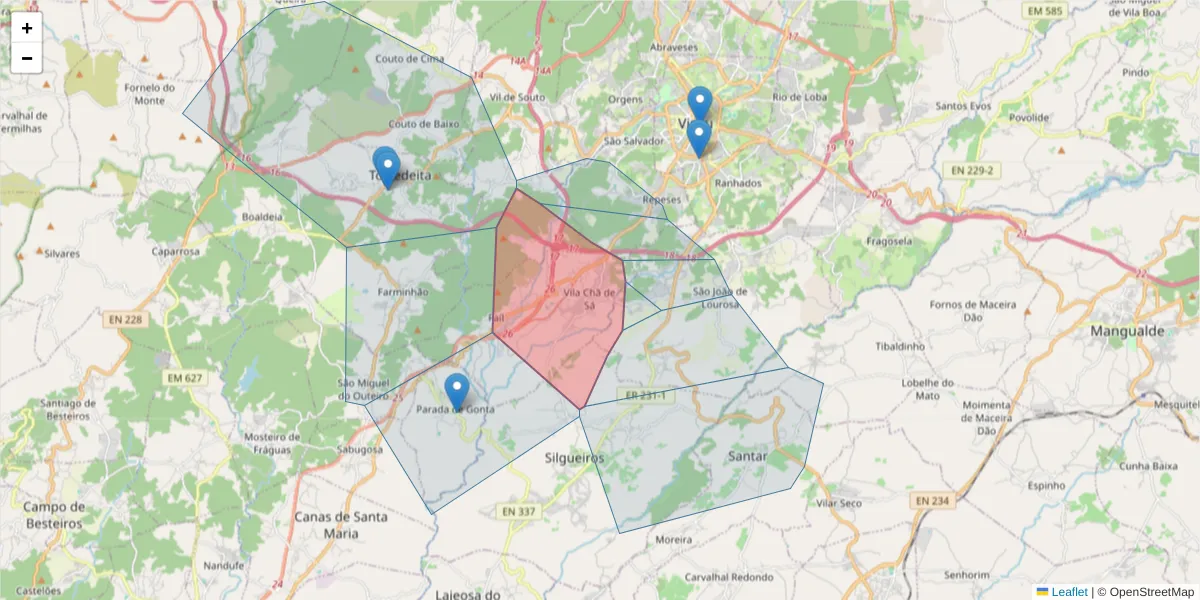 Mapa detalhado do código postal 3510-932 com limites, códigos postais vizinhos e agências dos correios