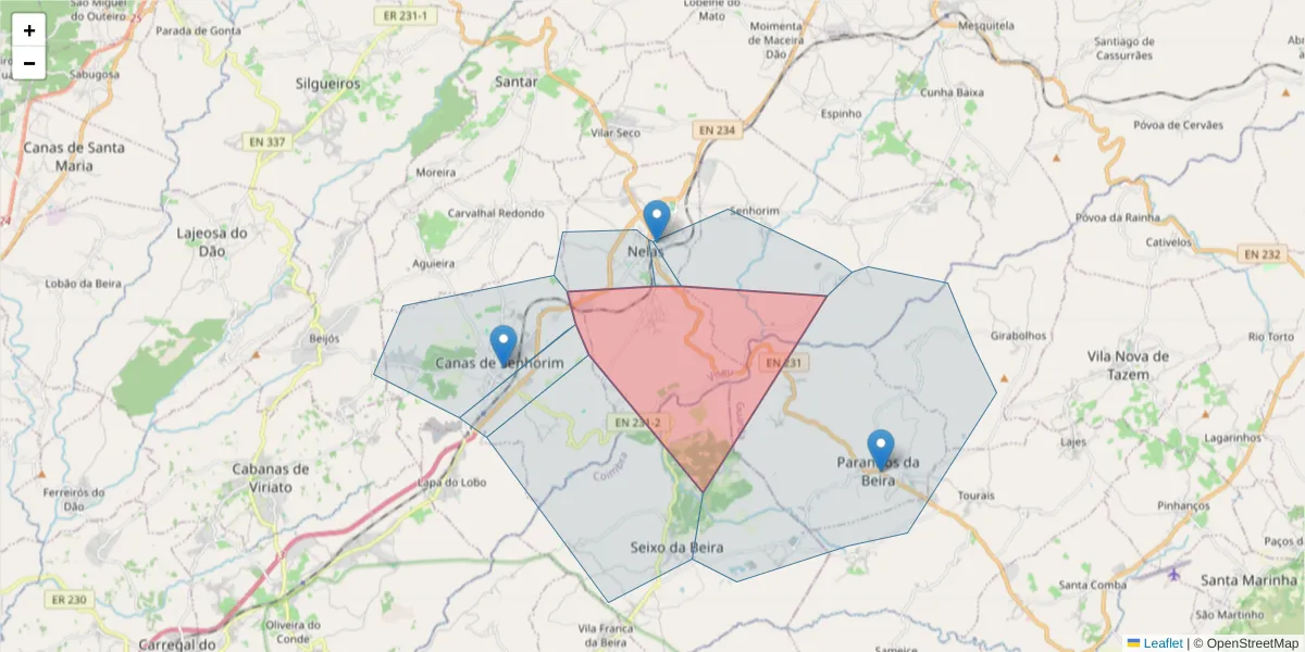 Mapa detalhado do código postal 3520-021 com limites, códigos postais vizinhos e agências dos correios