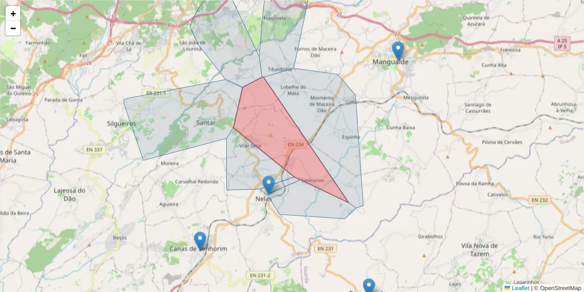 Mapa detalhado do código postal 3520-095 com limites, códigos postais vizinhos e agências dos correios