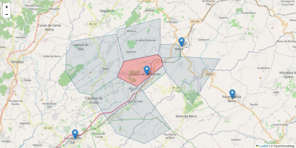 Mapa detalhado do código postal 3525-102 com limites, códigos postais vizinhos e agências dos correios