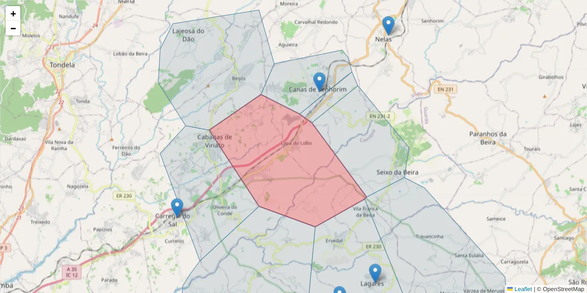 Mapa detalhado do código postal 3525-642 com limites, códigos postais vizinhos e agências dos correios