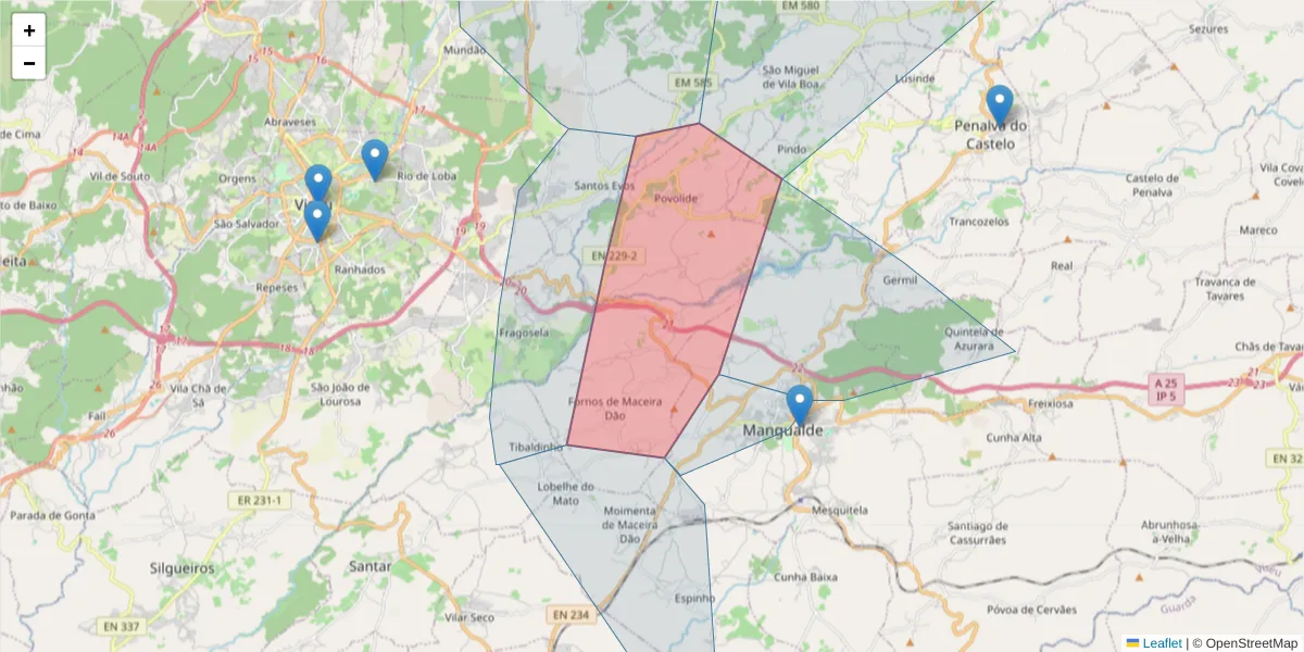 Mapa detalhado do código postal 3530-070 com limites, códigos postais vizinhos e agências dos correios