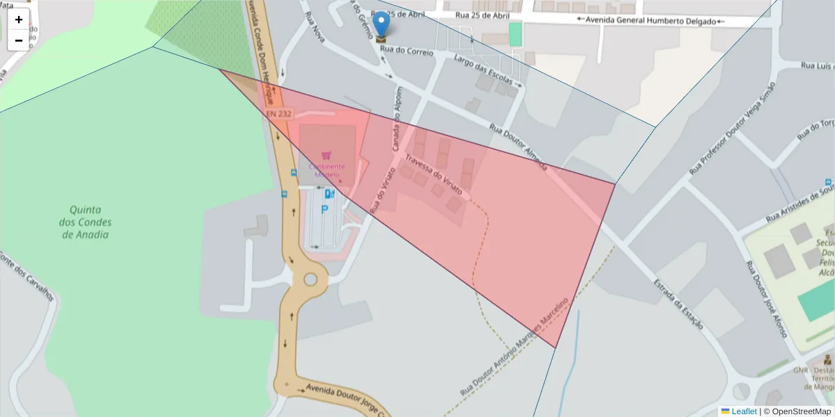 Mapa detalhado do código postal 3530-112 com limites, códigos postais vizinhos e agências dos correios