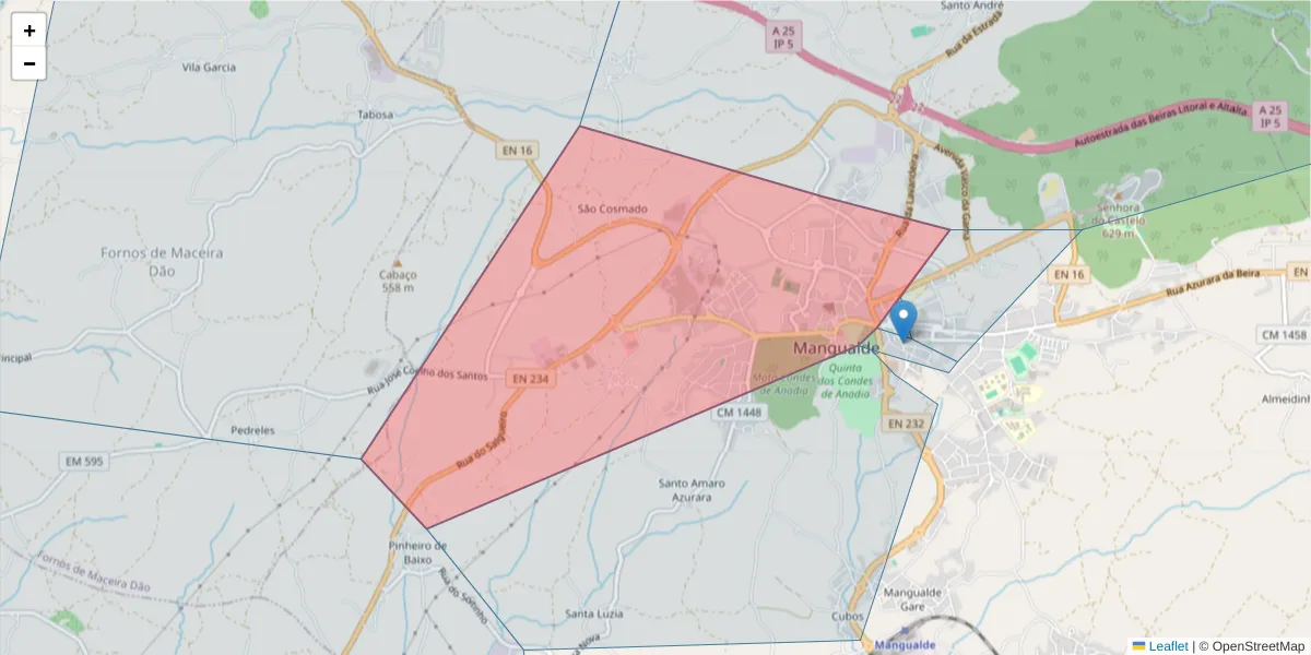 Mapa detalhado do código postal 3530-206 com limites, códigos postais vizinhos e agências dos correios