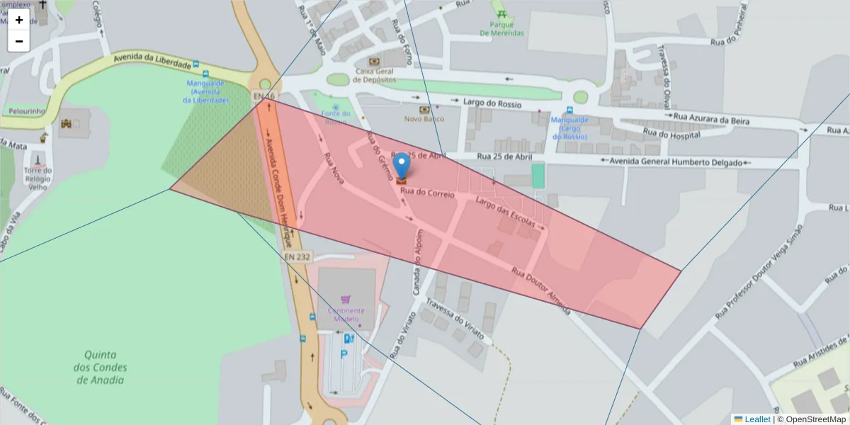 Mapa detalhado do código postal 3530-999 com limites, códigos postais vizinhos e agências dos correios