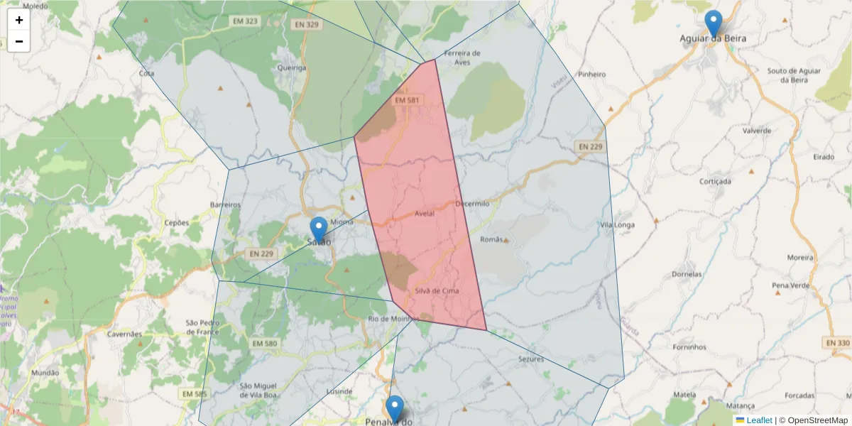 Mapa detalhado do código postal 3560-020 com limites, códigos postais vizinhos e agências dos correios