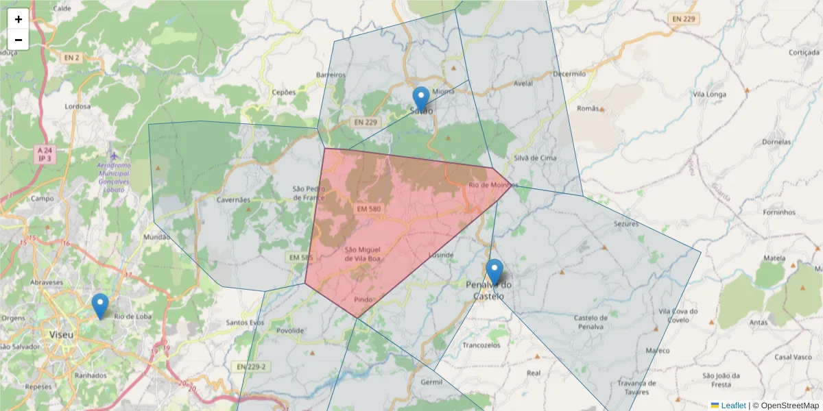 Mapa detalhado do código postal 3560-120 com limites, códigos postais vizinhos e agências dos correios