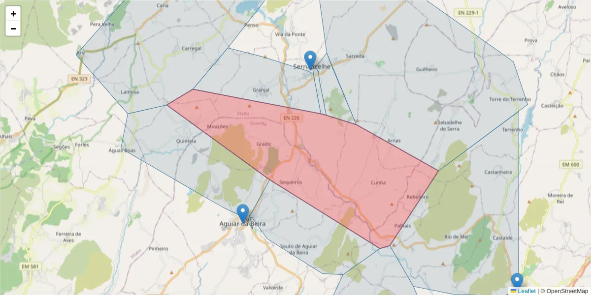 Mapa detalhado do código postal 3570-191 com limites, códigos postais vizinhos e agências dos correios