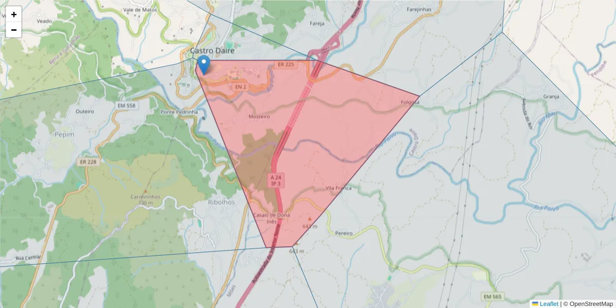 Mapa detalhado do código postal 3600-132 com limites, códigos postais vizinhos e agências dos correios