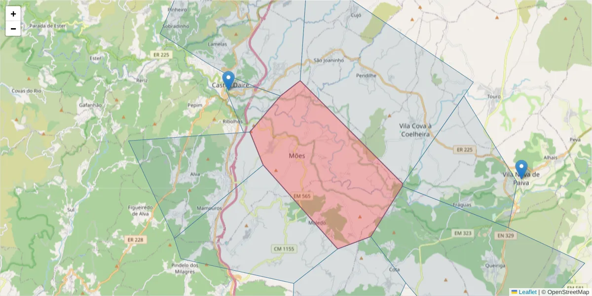 Mapa detalhado do código postal 3600-430 com limites, códigos postais vizinhos e agências dos correios