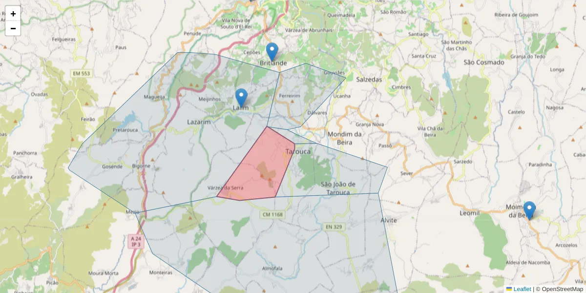 Mapa detalhado do código postal 3610-017 com limites, códigos postais vizinhos e agências dos correios