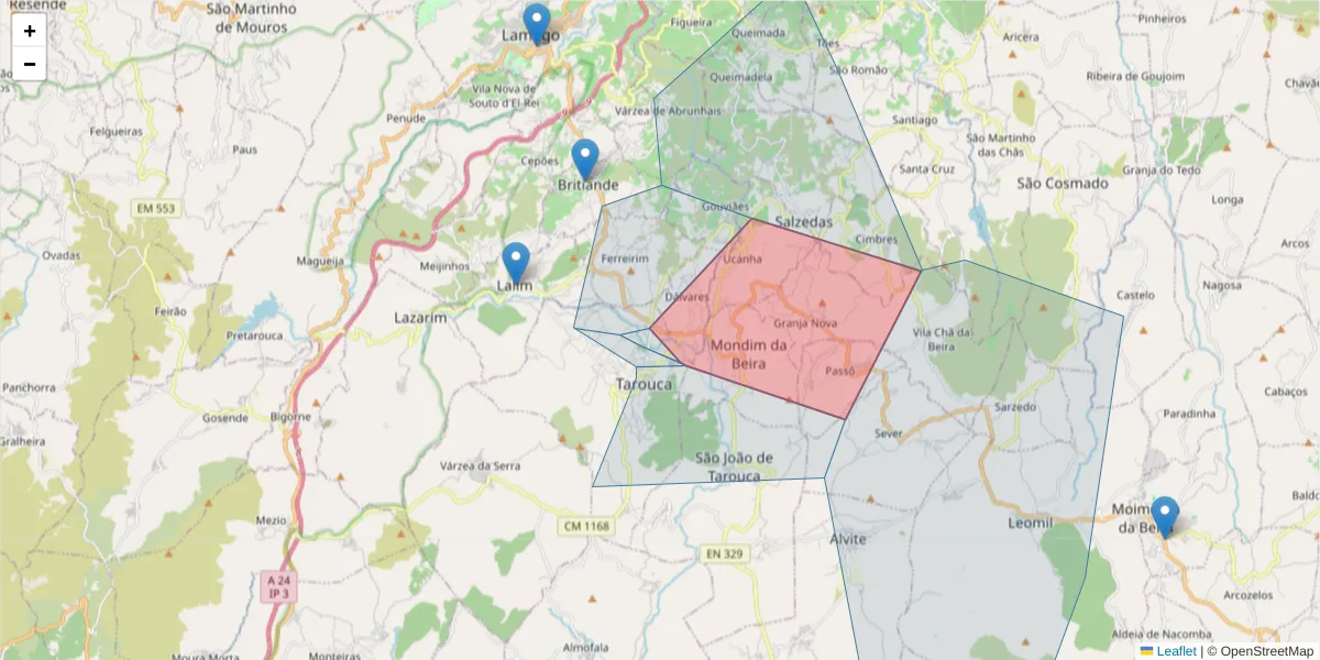 Mapa detalhado do código postal 3610-119 com limites, códigos postais vizinhos e agências dos correios