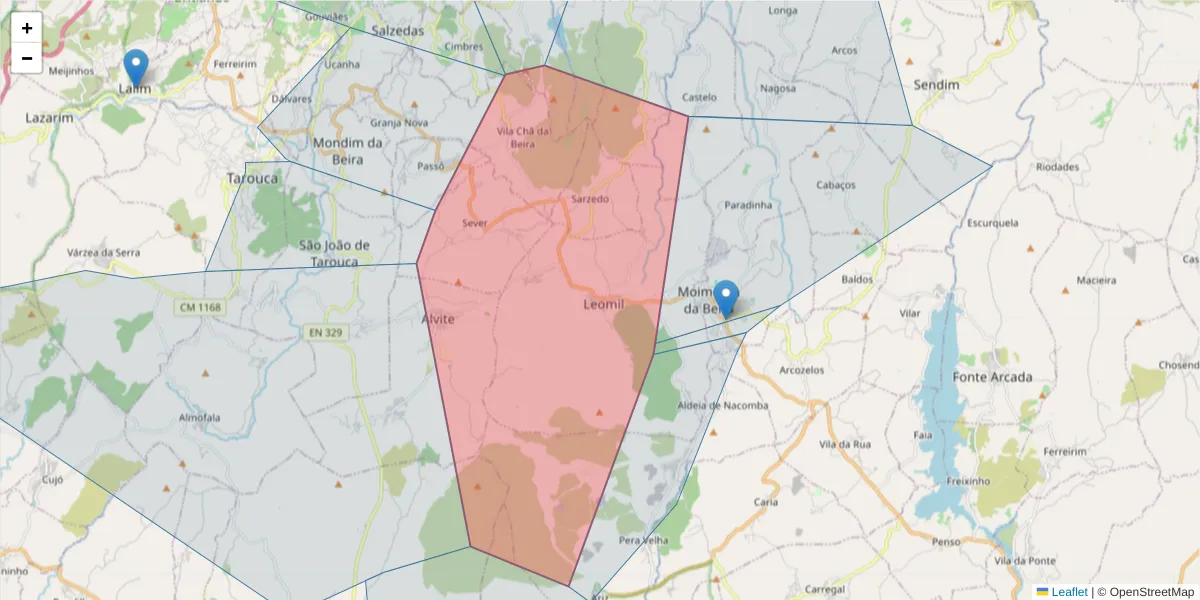 Mapa detalhado do código postal 3620-165 com limites, códigos postais vizinhos e agências dos correios