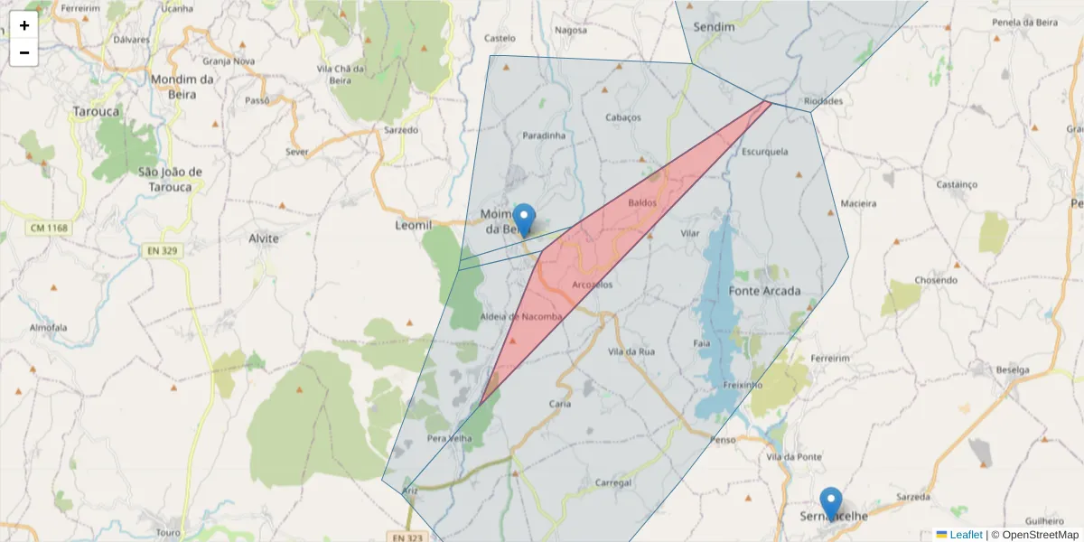 Mapa detalhado do código postal 3620-305 com limites, códigos postais vizinhos e agências dos correios