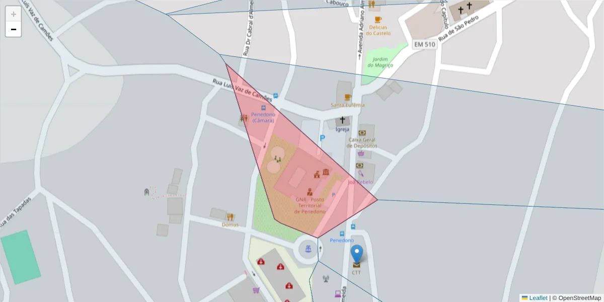 Mapa detalhado do código postal 3630-000 com limites, códigos postais vizinhos e agências dos correios