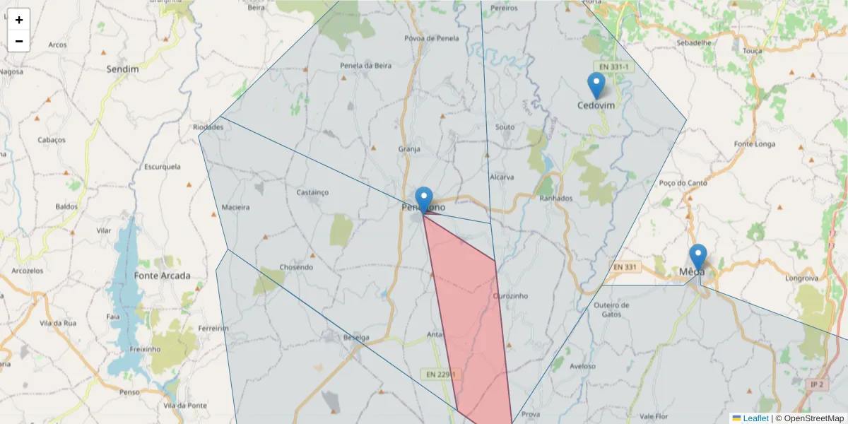 Mapa detalhado do código postal 3630-225 com limites, códigos postais vizinhos e agências dos correios