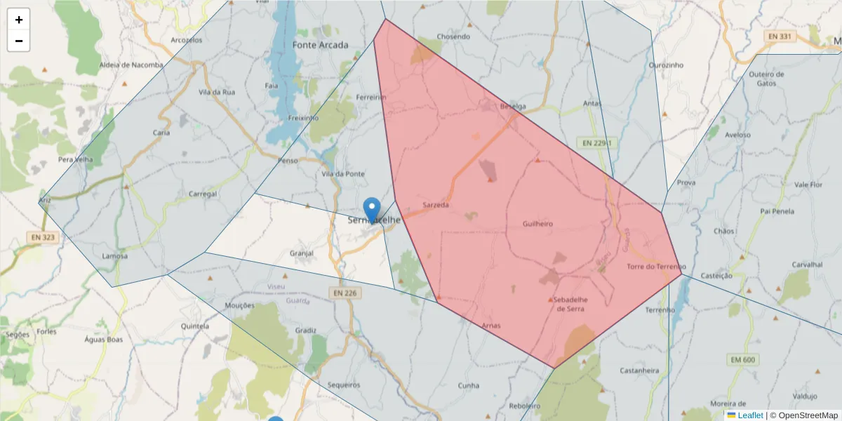 Mapa detalhado do código postal 3640-229 com limites, códigos postais vizinhos e agências dos correios