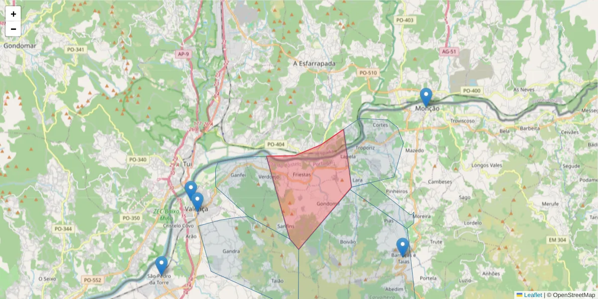 Mapa detalhado do código postal 36460 com limites, códigos postais vizinhos e agências dos correios