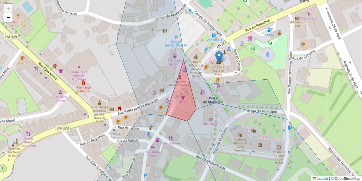 Mapa detalhado do código postal 3650-195 com limites, códigos postais vizinhos e agências dos correios