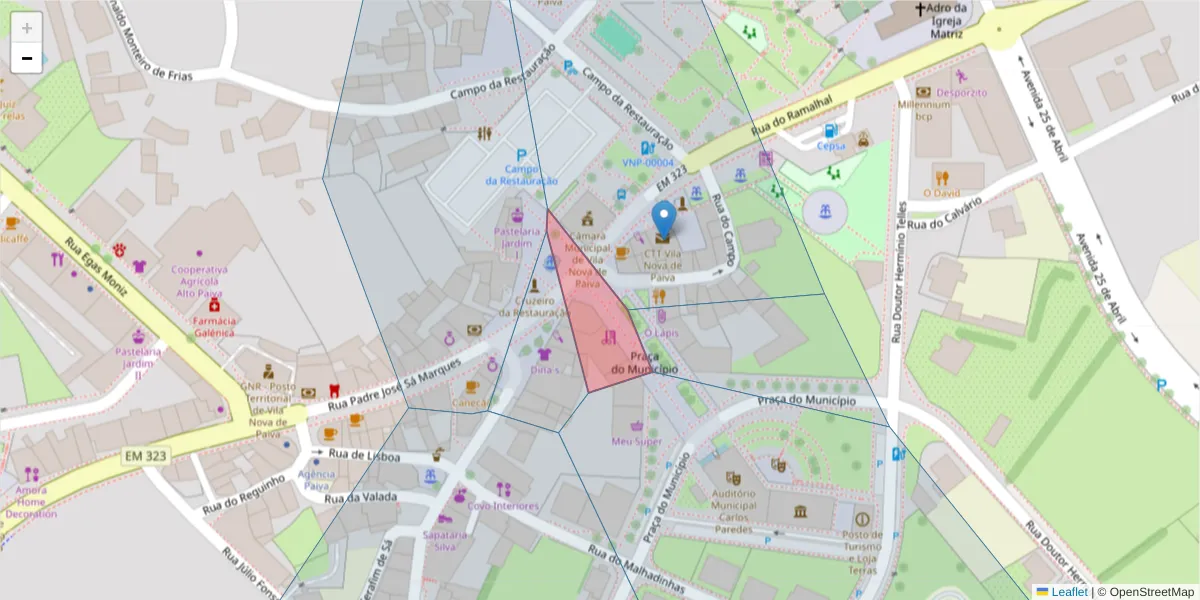 Mapa detalhado do código postal 3650-218 com limites, códigos postais vizinhos e agências dos correios