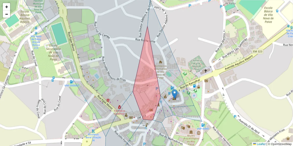 Mapa detalhado do código postal 3650-221 com limites, códigos postais vizinhos e agências dos correios