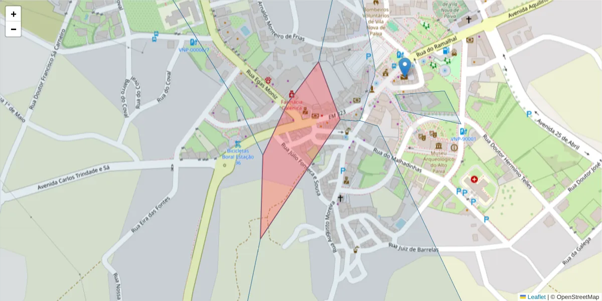 Mapa detalhado do código postal 3650-223 com limites, códigos postais vizinhos e agências dos correios