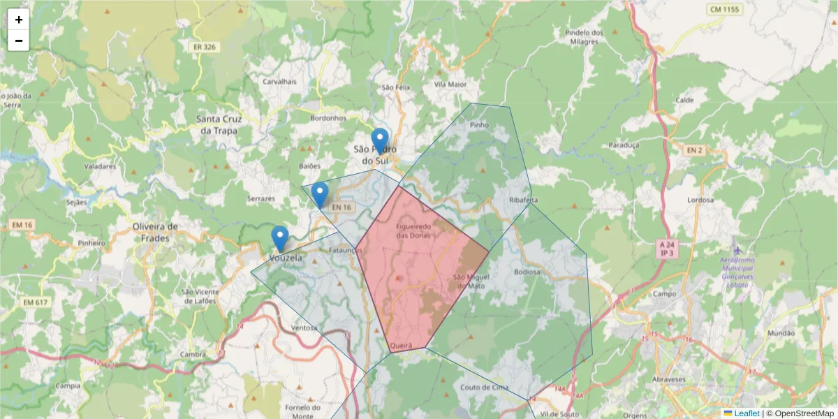 Mapa detalhado do código postal 3670-101 com limites, códigos postais vizinhos e agências dos correios